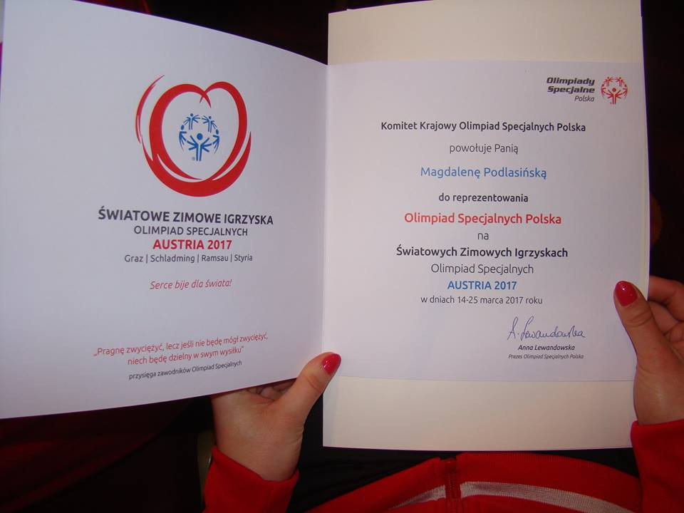 Wręczenie nominacji dla Magdaleny Podlasińskiej, która weźmie udział w Światowych Zimowych Igrzyskach Olimpiad Specjalnych w Austrii