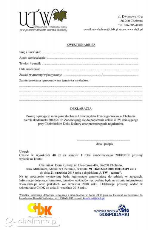 Zapisy na rok 2018/2019 słuchaczy Uniwersytetu Trzeciego Wieku