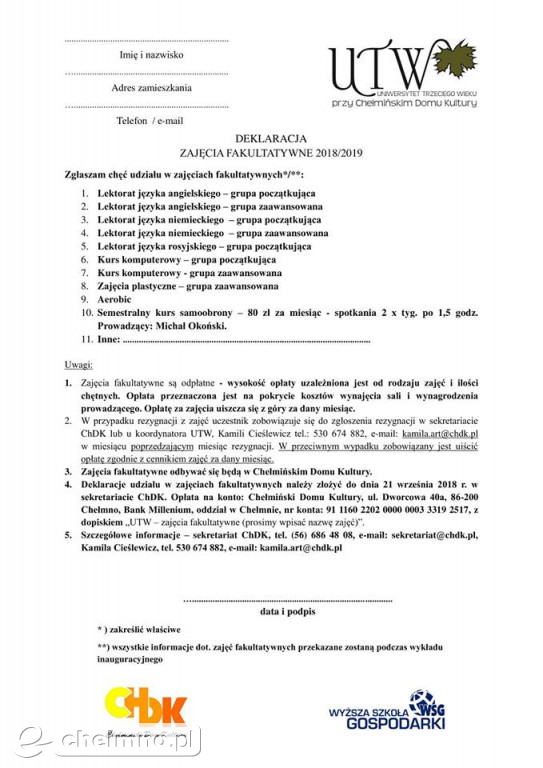 Zapisy na rok 2018/2019 słuchaczy Uniwersytetu Trzeciego Wieku