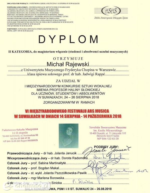 Michał Rajewski III nagroda w Konkursie Sztuki Wokalnej