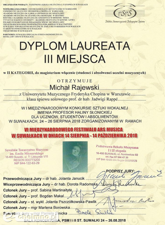 Michał Rajewski III nagroda w Konkursie Sztuki Wokalnej