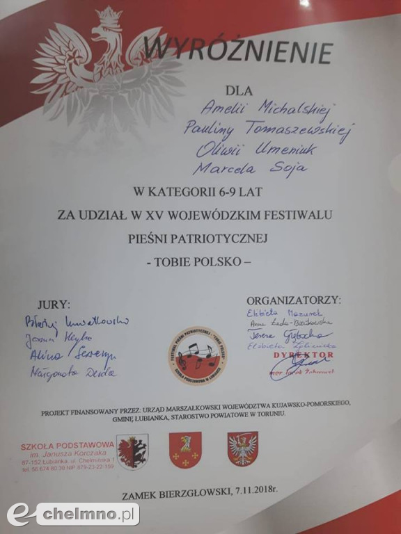 Wyróżnienie dla uczniów kl. IIb na Festiwalu Pieśni Patriotycznej