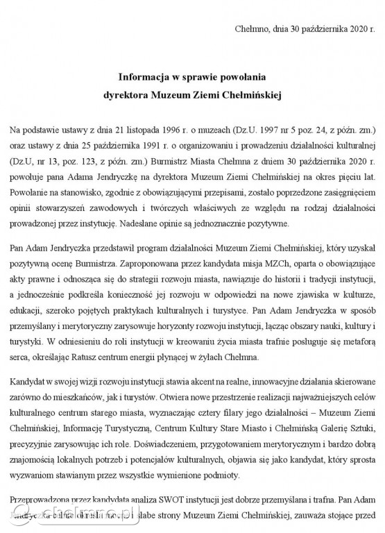 Wytłumaczenie Burmistrza dotyczące powołania Dyrektora Muzeum