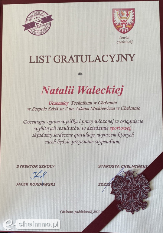 Stypendia dla najlepszych uczniów ZS nr 2 w Chełmnie