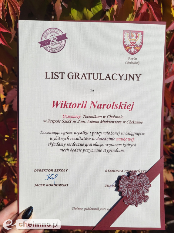Stypendia dla najlepszych uczniów ZS nr 2 w Chełmnie